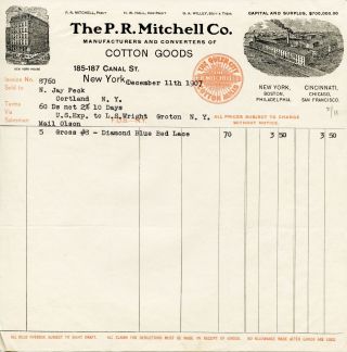 1907 Billhead P.  R.  Mitchell Co.  York Manufacturers Converters Cotton Goods