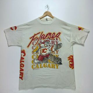1990 Calgary Flames Bulletin Athletic Vtg T - Shirt Large White Nhl All Over Print