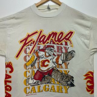 1990 Calgary Flames Bulletin Athletic Vtg T - shirt Large White Nhl All Over Print 2