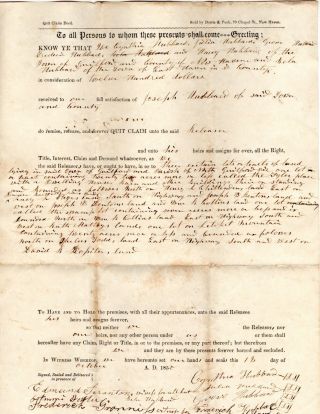 1855 Guilford Ct Deed From Hubbard Family To Joseph Hubbard,  Land In Guilford