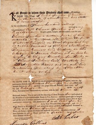1812 Guilford Ct Deed Caleb Fowler To Capt.  Oliver Fowler,  Land In Guilford