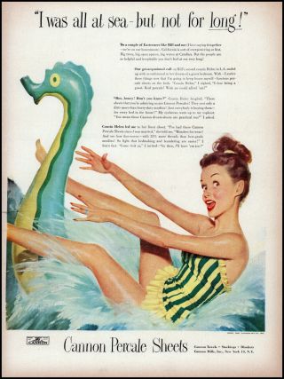 1948 Pinup Girl Art Swimsuit Cannon Percale Sheets Seahorse Retro Print Ad Adl82
