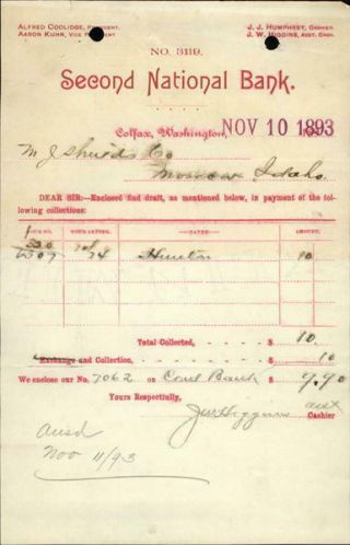 1893 Moscow Idaho (id) Receipt Secod National Bank M.  J.  Shields Co.  J.  W.  Higgi