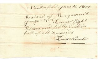 Connecticut Pay Receipt 1807 From Benjamin & George Sumner By Zenas Newell