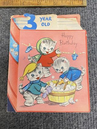 Vintage Greeting Card Happy Birthday 3 Year Old 3 Kittens￼ Die Cut & Book Mark