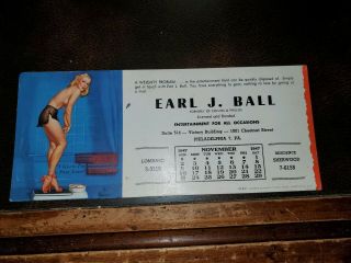 Vintage Pinup Blotter Card Earl Ball Entertainment Phila,  Pa " I 