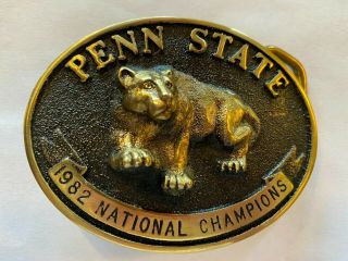 Vintage 1982 Penn State Nittany Lion National Champion Brass Belt Buckle & Pouch
