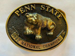 VINTAGE 1982 PENN STATE NITTANY LION NATIONAL CHAMPION BRASS BELT BUCKLE & POUCH 2
