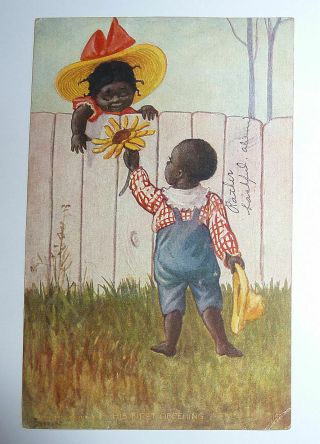 1909 Postcard Black Memorabilia Valentine Boy & Girl W.  Daisy Flower Cute