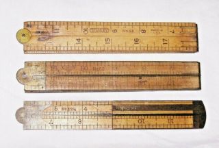 3 Vintage Folding Rules Stanley No.  32 1/2 Sweetheart No.  62 No.  68 Wood & Brass