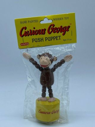 Vintage Curious George Push Up Puppet Wooden Toy By Schylling Monkey