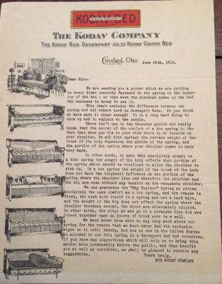 1913 The Kodav Bed Davenport Co.  Couch Bed Cleveland,  Oh.  Letterhead