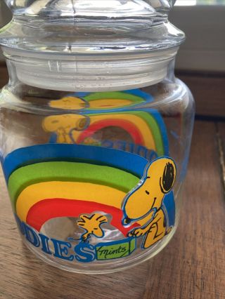 1965 Vintage Snoopy Glass Goodies Jar Peanuts Rainbow Candy Canister