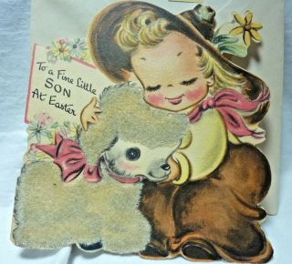 Hallmark 1947 Scribbles Easter Card & Envelope W Price Tag Flocked Lamb - Son