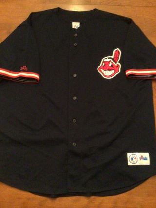 Sewn Cleveland Indians Mens Xxl Jersey Chief Wahoo Mlb Blue Majestic