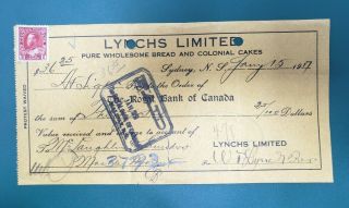 Vintage 1917 Lynchs Ltd Bread & Cakes Sydney,  Nova Scotia 2 Cent Stamp Check