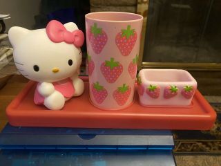 Hello Kitty Three Piece Bathroom Set - Toothbrush Holder,  Cup,  Soap Strawberry
