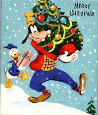 Gibson Walt Disney Goofy Donald Duck Vtg Christmas Greeting Card