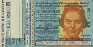 Irish Sweepstake Ticket,  Derby,  1962 W/counterfoil Exc