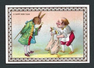 Q32 - Anthro Hare And Man With Bald Geese - Goodall - Victorian Year Card