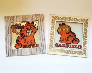 Set Of 2 Vintage Garfield The Cat Glass Mirror Carnival Prize 12 "
