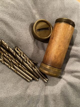 Antique Wood Metal Vintage Tool Drill Bit Cylinder Case Holder Utd Bits