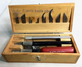 Vintage X - Acto Knife Chest Craft Tool Set Wood Box W/ Extra Blades - Made In Usa