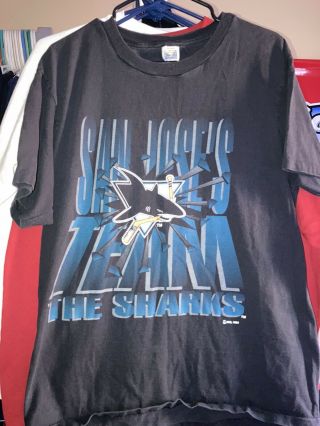 Vintage 90s San Jose Sharks Black T - Shirt Nhl Double Sided Big Logo Size L Rare