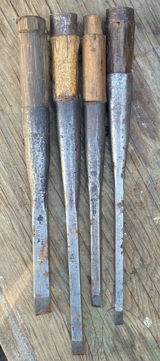 A Set Of 4 X Vintage Socketed Mortice Wood Chisels Tools By Marples & Ward