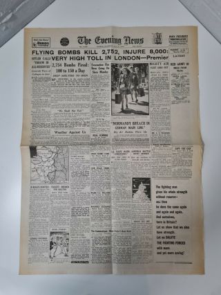 Vintage Evening News Ww2 Newspaper July 6th 1944 - Flying Bombs Kill 2752