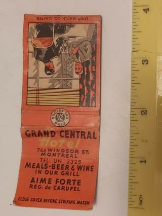 Very Rare (montreal) " Grand Central Hotel " Matchbook Cover - Very Good - Excise Tax