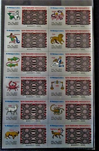 Michigan Rare Sv Instant Lottery Ticket Uncut Sheet Glcs 38 Set,  Issued In 1983