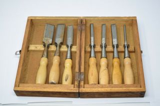 Old Vintage Chisels Set Of 7 Woodworking Quality Royal W/ Wooden Box / Case