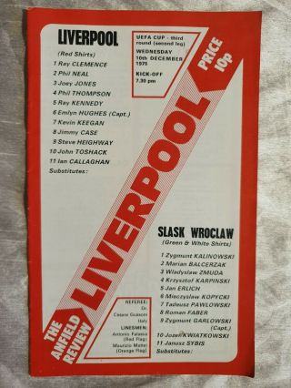 1975/76 Uefa Cup - Liverpool V.  Slask Wroclaw - 3rd Round 2nd Leg