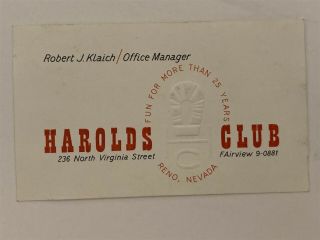 Harolds Club Casino Business Card Reno Nevada Nv 1950 