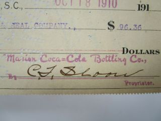 1910 Marion South Carolina Coca Cola Bottling Company Cancelled Check 2