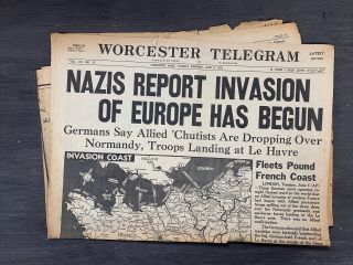 Worcester Telegram June 6 1944 Nazis Invasion Of Europe Begun Newspaper Wwii