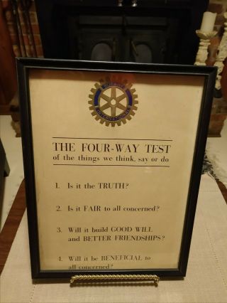Vintage 8 X 10 Framed " The Four - Way Test " Rotary International