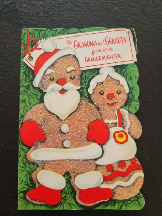 Vtg Christmas Greeting Card Diecut Glitter Gingerbread Man Santa Mrs Claus 1950s