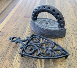 Rare Antique Tools Cast Sad Iron & Trivet 1834 Vintage Kitchen Farm Homestead☆us