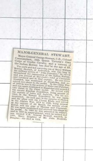 1927 Short Obituary Of Major General George Stewart,  Indian Mutiny Veteran
