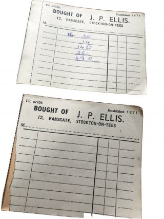 Two Vintage Receipt Book Pads J P Ellis Stockton On Tees Ephemera Crafting Craft
