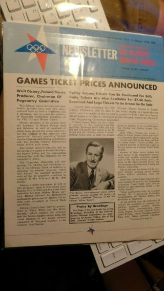 Rare 1960 Viii Winter Olympic Games Squaw Valley Ca Newsletter Walt Disney Front