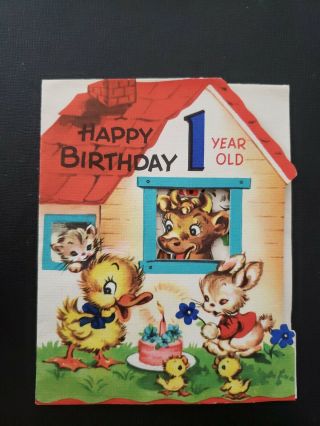 Vtg Barker Greeting Card 1 Yr Old Cow Pig Cat Duck Bunny Rooster Barn Popup 40s