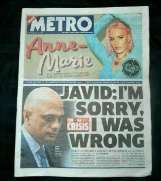 The Uk Metro Newspaper 26/07/21 July 26th 2021 Sajid David Apologises Anne - Marie
