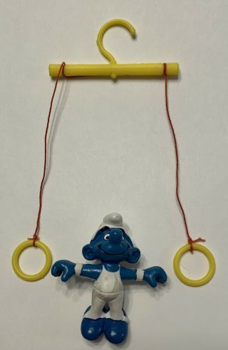 Vintage Gymnast Smurf With Gymnastic Rings Peyo Schleich 1980 Hong Kong Rare