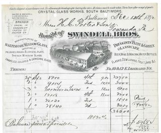 1892 Swindell Bros.  - Crystal Glass Billhead - Batimore,  Md.