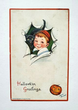 Vintage 1912 Halloween Greeting Post Card,  Frances Brundage,  Boy,  Black Kitty