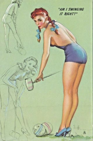 K O Munson " Am I Swinging It Right " - 1940s Art Pin - Up/cheesecake Ink Blotter