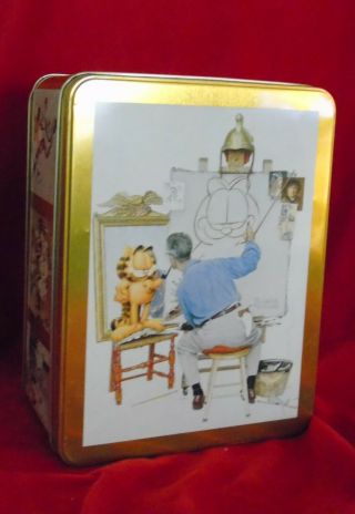 Vintage Tin Garfield Meets Norman Rockwell Decorative Empty Gold Tone Made Usa